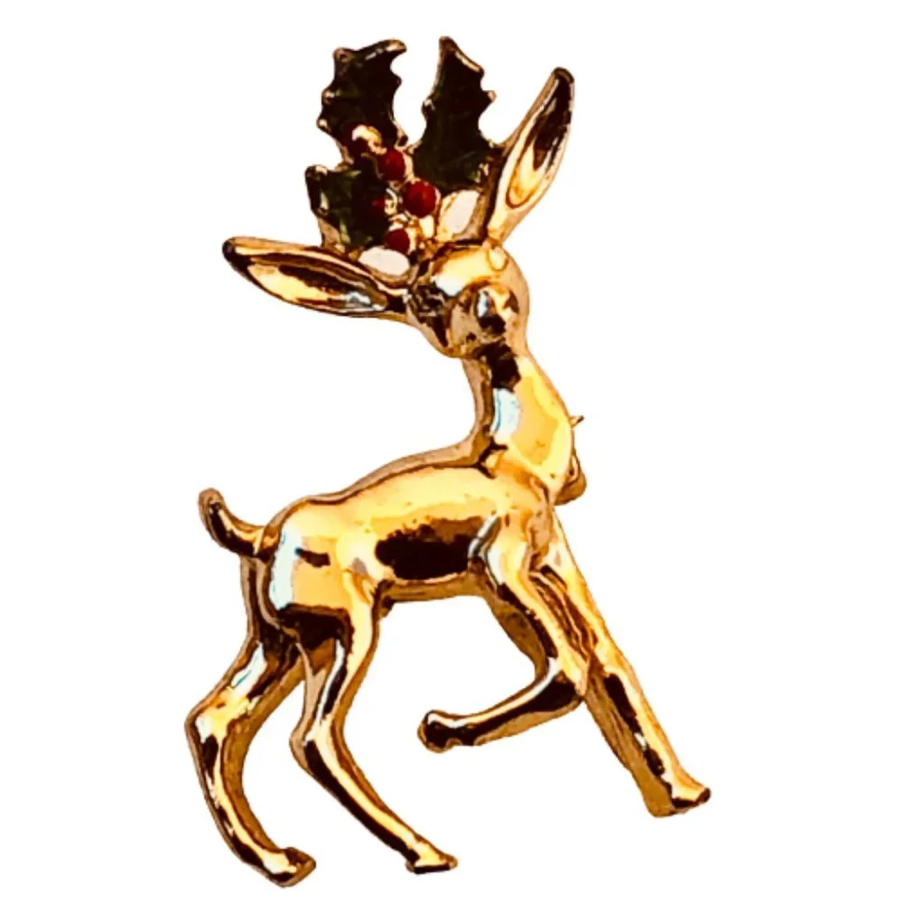 Christmas Vintage Brooch Gerrys Reindeer Enamel + Rhinestone Candy Cane